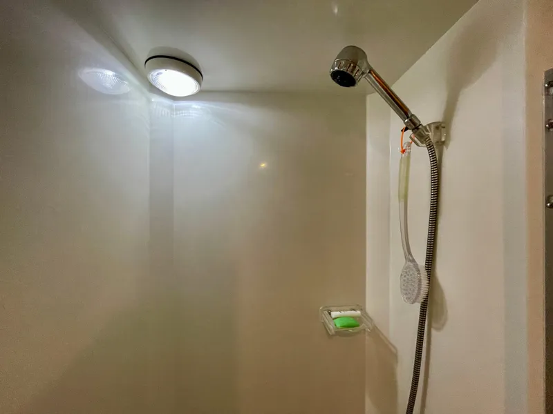 Slide: The Image of Shower area in 1999 Californian 39 boat with overhead light and handheld showerhead. - 31