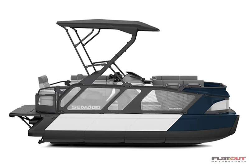 Slide: The Image of 2024 Sea-Doo SWITCH Cruise-18 230HP pontoon boat, side view, blue and white. - 1