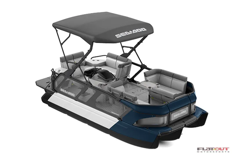 Slide: The Image of 2024 Sea-Doo SWITCH Cruise-18 230HP pontoon boat with canopy and seating. - 2