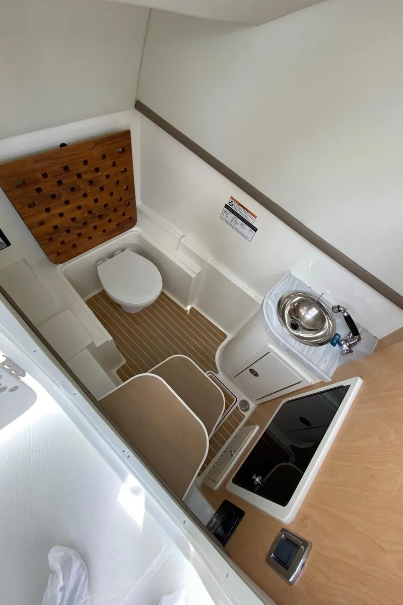Slide: The Image of 2024 World Cat 325 DC boat interior with toilet and sink. - 15