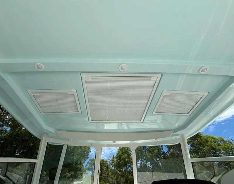Slide: The Image of 2024 World Cat 325 DC boat interior ceiling with ventilation and lighting. - 21