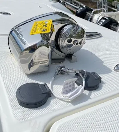 Slide: The Image of 2024 World Cat 325 DC boat deck with anchor windlass and accessories. - 32