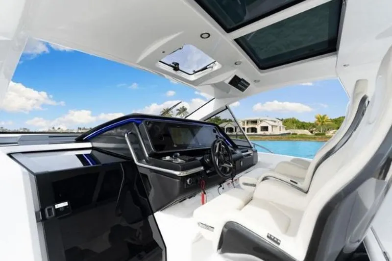 Slide: The Image of 2023 Azimut Verve 42 yacht cockpit with modern design and luxurious seating. - 10