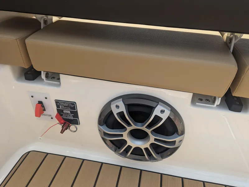 Slide: The Image of 2024 Sea Ray SDX 270 boat interior with speaker and seating. - 14