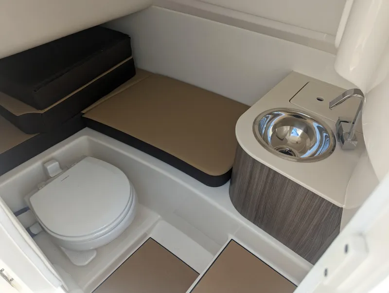 Slide: The Image of 2024 Sea Ray SDX 270 boat interior with toilet and sink. - 17