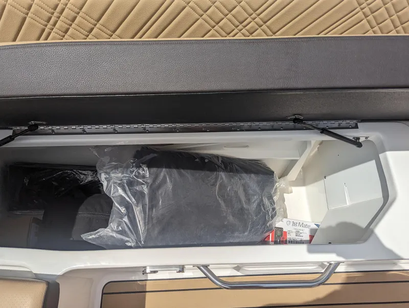 Slide: The Image of 2024 Sea Ray SDX 270 storage compartment with black cushion and accessories. - 30