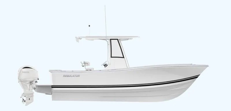 Slide: The Image of 2025 Regulator 23 boat, side view, white hull, Yamaha outboard motor. - 11