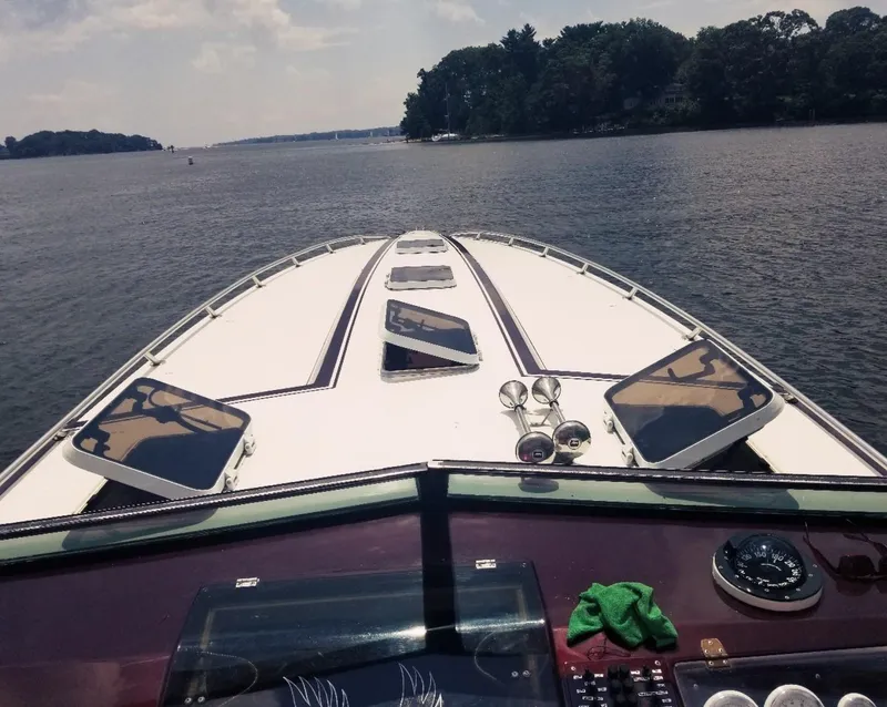 Slide: The Image of 1985 Wellcraft Excalibur Eagle 42 boat cruising on a lake with scenic shoreline. - 5