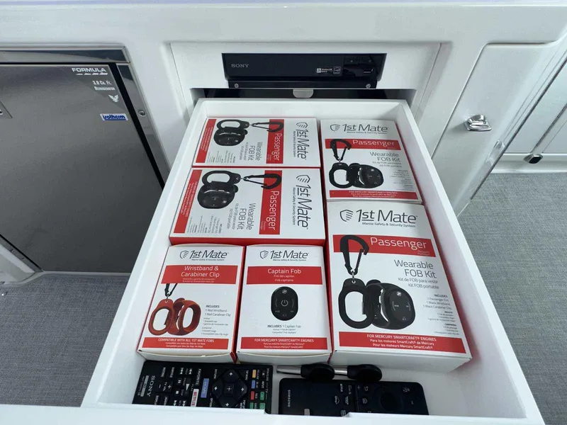 Slide: The Image of Drawer with 1st Mate wearable FOB kits in a 2025 Formula 380 Super Sport Crossover OB. - 29