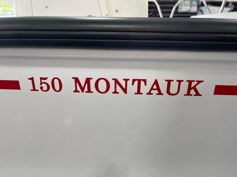 Slide: The Image of 2024 Boston Whaler 150 Montauk boat model name in red letters - 13
