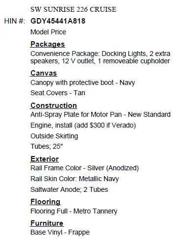 Slide: The Image of 2018 Sweetwater Sunrise 226 C features: docking lights, extra speakers, navy canopy, tan seat covers, silver frame, and frappe vinyl - 14