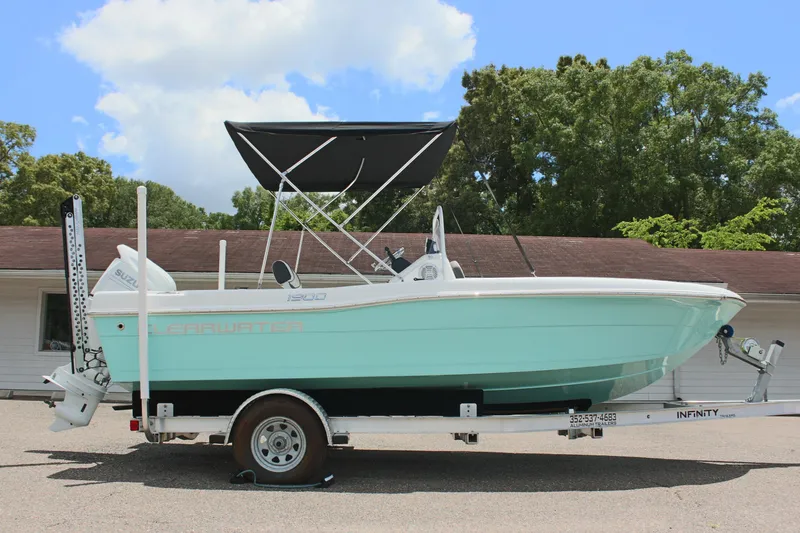 Slide: The Image of 2024 Clearwater 1900 boat on trailer with canopy, parked outdoors. - 5