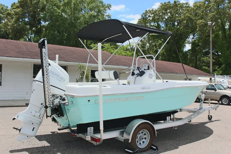 Slide: The Image of 2024 Clearwater 1900 boat on trailer with outboard motor and canopy. - 6