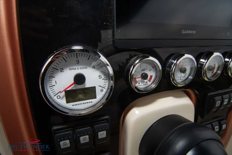 Slide: The Image of Close-up of 2024 Capoforte CX280i boat dashboard with gauges and Garmin display. - 28