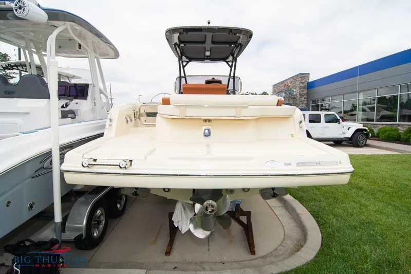 Slide: The Image of 2024 Capoforte CX280i boat displayed outdoors, rear view with propeller and trailer. - 5