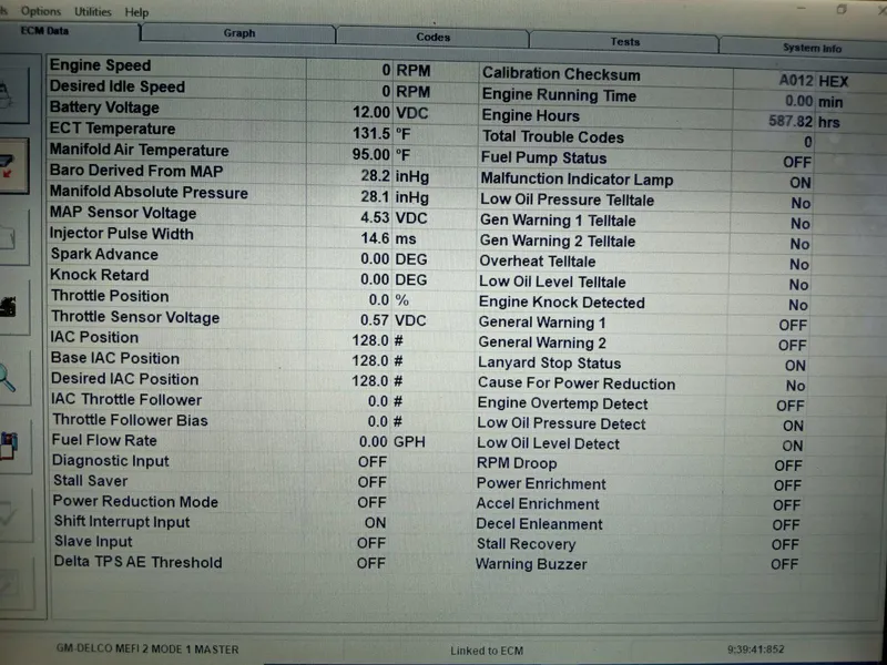 Slide: The Image of 1998 Baja Boss Hammer engine diagnostic screen displaying various performance metrics and system statuses. - 19