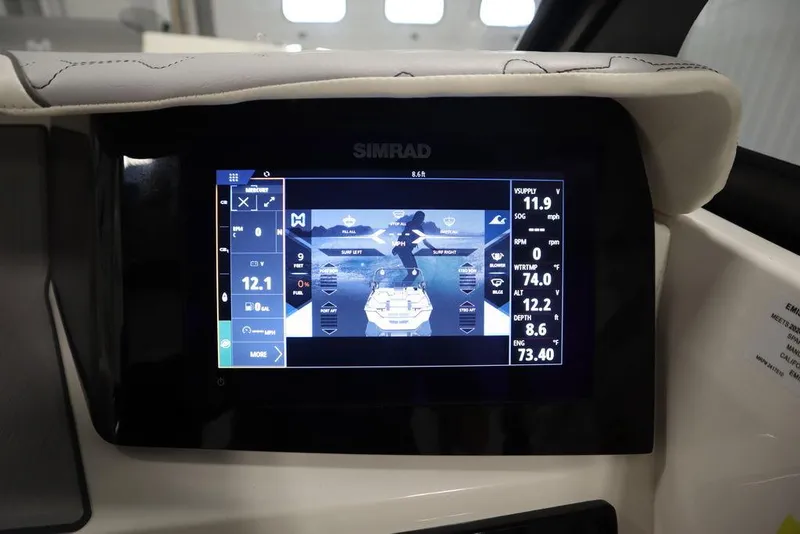 Slide: The Image of 2024 Heyday H22 boat dashboard with Simrad display showing navigation and performance data. - 30