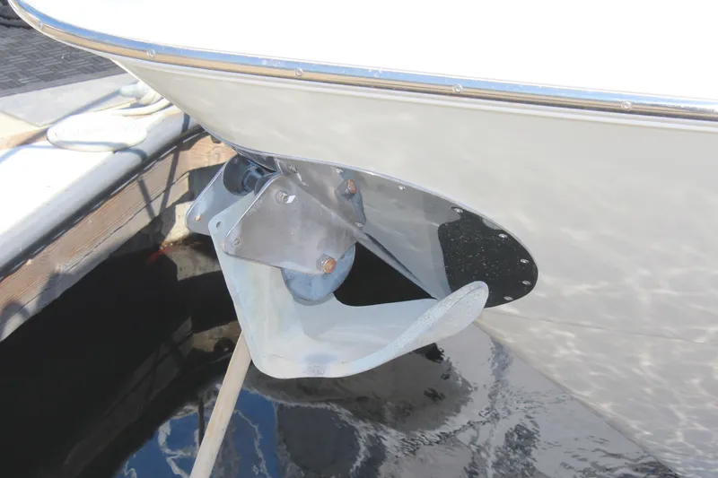 Slide: The Image of 1996 Trojan 440 Express boat anchor detail at dockside. - 2