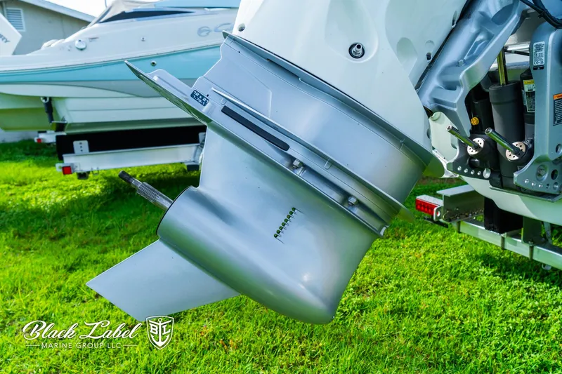 Slide: The Image of 2024 Crownline 260 XSS boat engine detail on grass. - 45