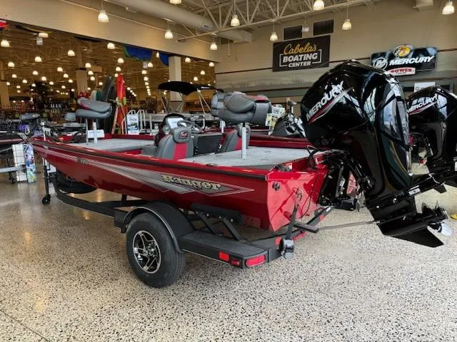 Slide: The Image of 2024 Ranger RT178 boat with Mercury engines at Cabela's Boating Center. - 2