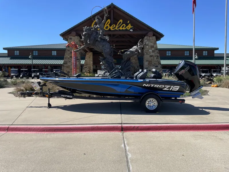 The Image of 2024 Nitro Z19 boat displayed outside Cabela's store. - 0