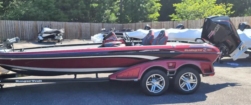 Slide: The Image of 2024 Ranger Z521R Ranger Cup Equipped boat, red and black, parked outdoors. - 1