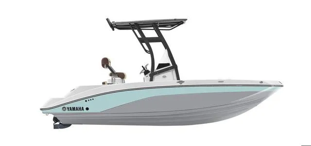 Slide: The Image of 2024 Yamaha 190 FSH Sport boat in seafoam green, side view. - 1