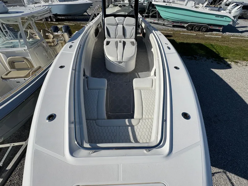 Slide: The Image of 2019 Blackwater 43SF boat with spacious seating and sleek design. - 16