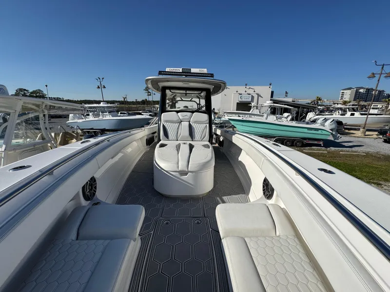 Slide: The Image of Luxury Blackwater 43SF boat interior, 2019 model, featuring sleek seating and modern design. - 18