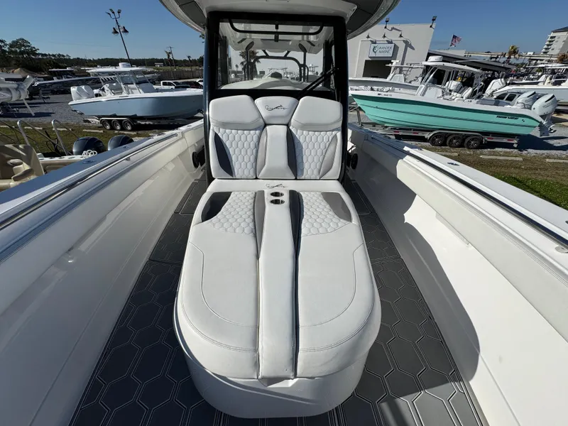 Slide: The Image of Luxurious seating on a 2019 Blackwater 43SF boat, showcasing sleek design and comfort. - 19
