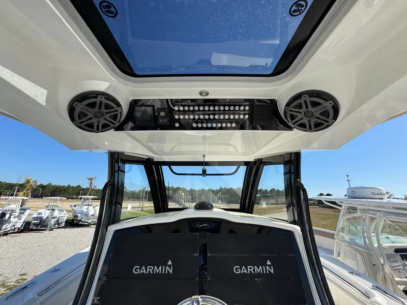 Slide: The Image of Interior view of 2019 Blackwater 43SF boat with Garmin electronics and speakers. - 27