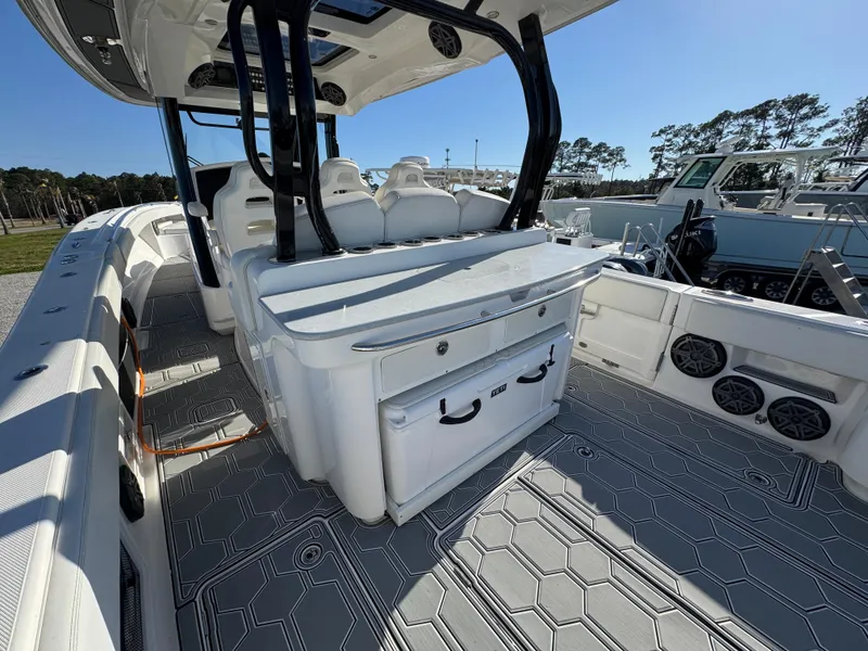Slide: The Image of 2019 Blackwater 43SF boat interior with seating and storage, featuring modern design and amenities. - 31