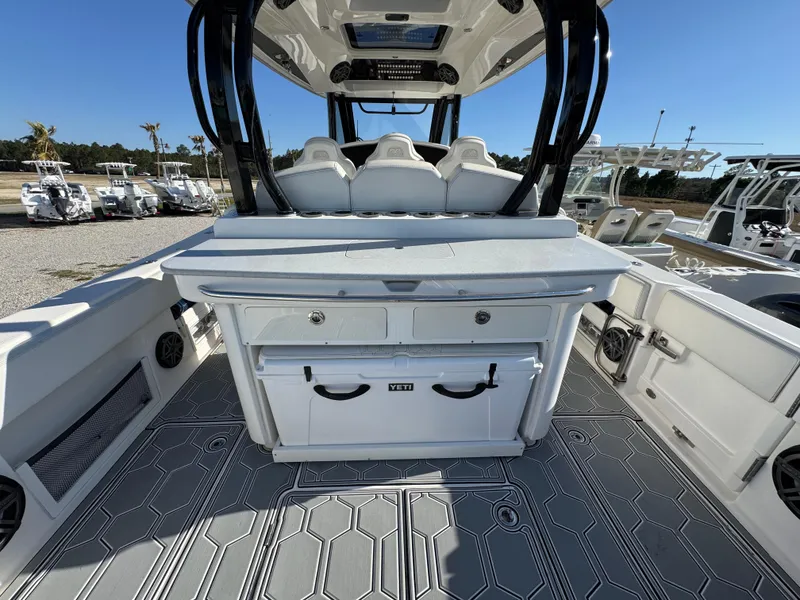 Slide: The Image of 2019 Blackwater 43SF boat interior with seating and storage compartments. - 32