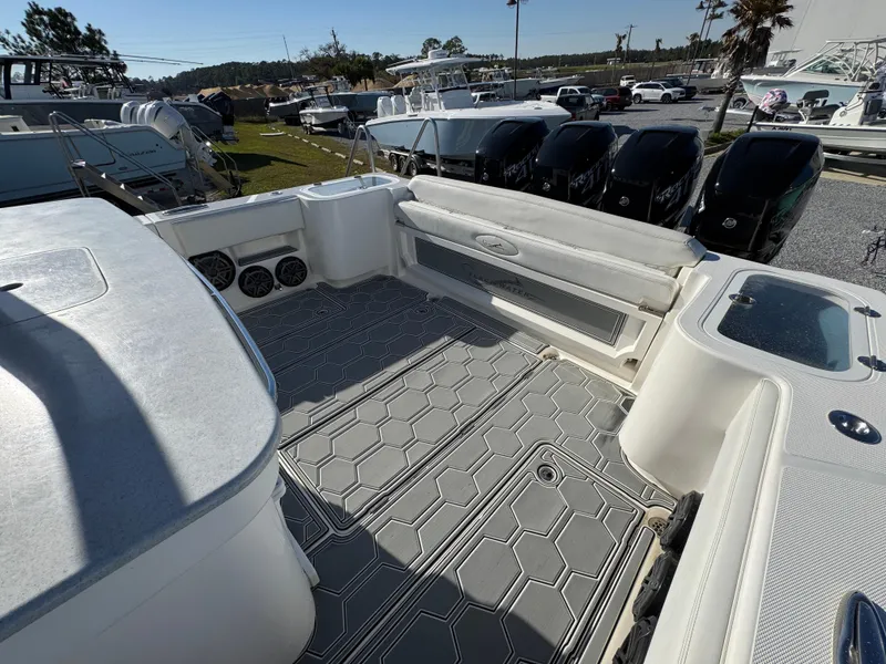 Slide: The Image of 2019 Blackwater 43SF boat interior with sleek seating and modern design. - 34