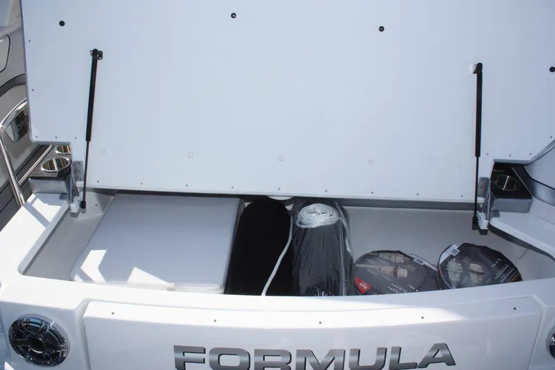 Slide: The Image of 2025 Formula 350 Sun Sport storage compartment with open hatch. - 3