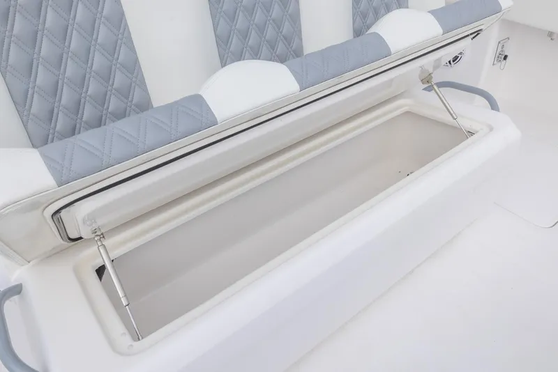 Slide: The Image of 2024 Invincible 46 Catamaran storage compartment with cushioned seating and hydraulic lift. - 23