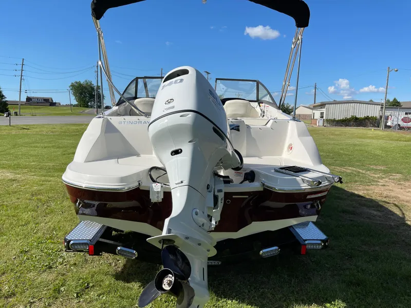 Slide: The Image of 2024 Stingray 201 DC boat with outboard motor, rear view on grassy field. - 15