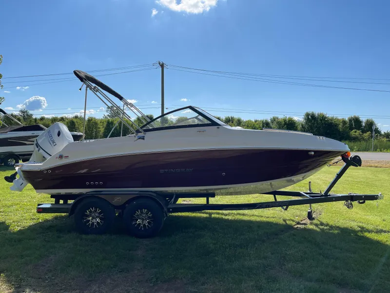 Slide: The Image of 2024 Stingray 201 DC boat on a trailer in a grassy area. - 16