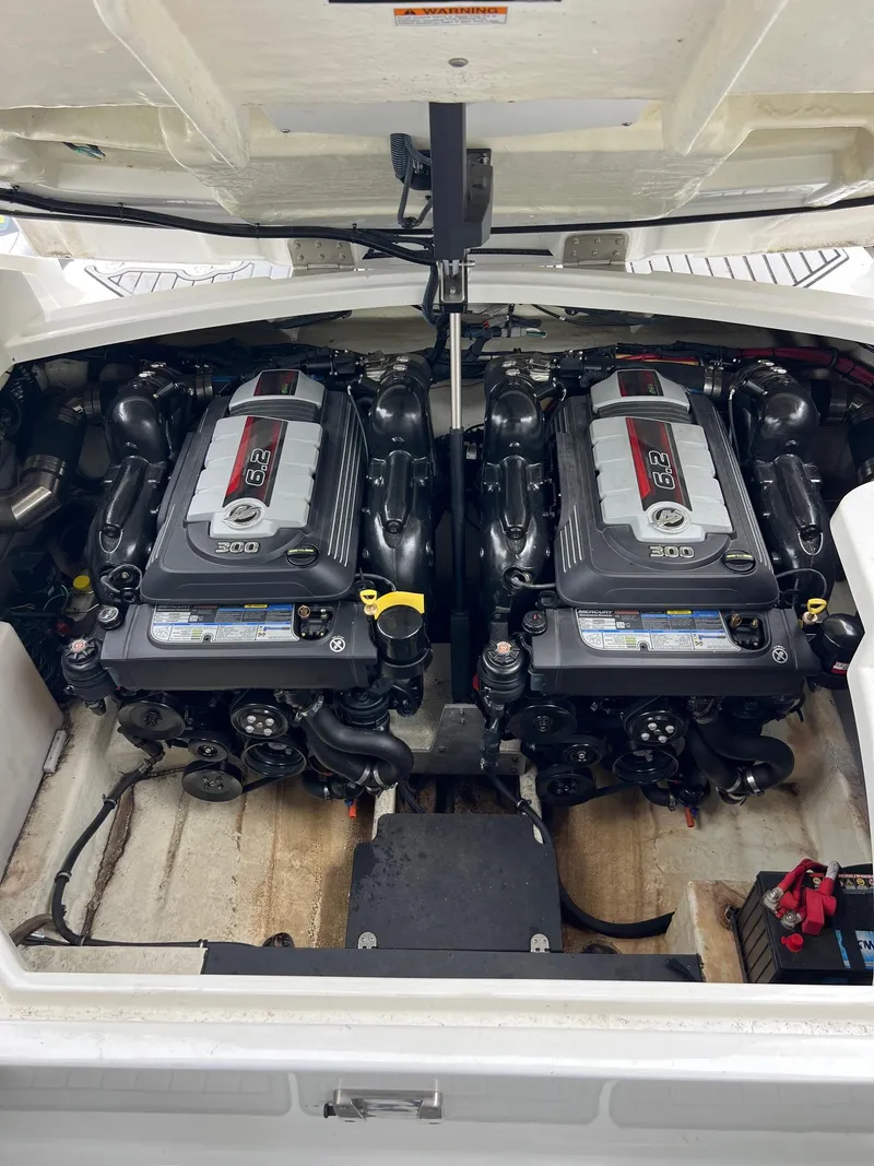 Slide: The Image of 2016 Monterey 328SS boat engine compartment with dual 350 horsepower engines. - 5