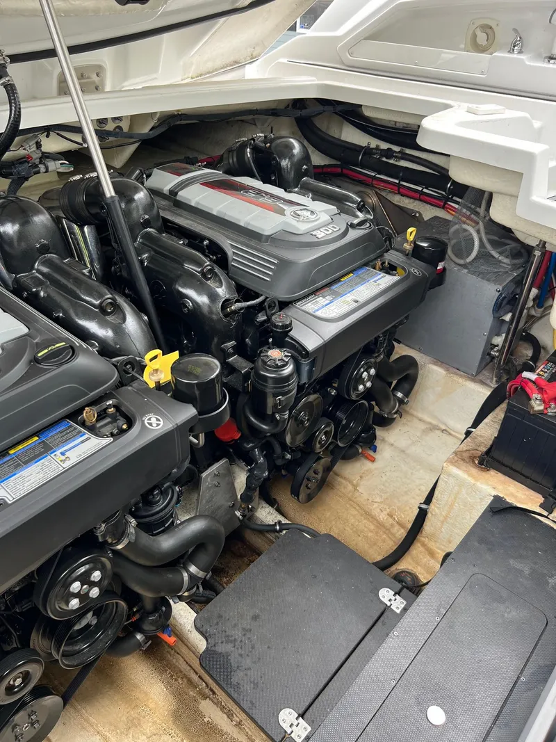 Slide: The Image of 2016 Monterey 328SS boat engine compartment with dual engines. - 6