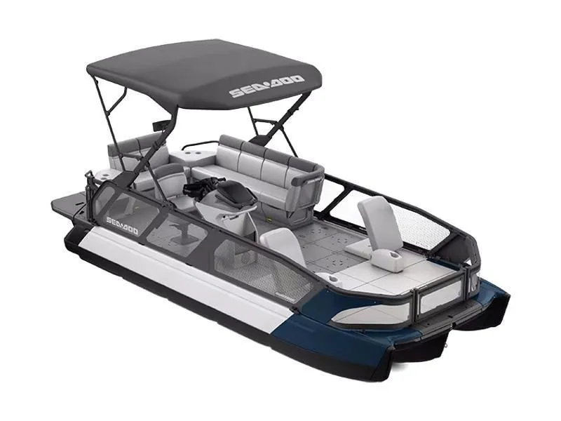 Slide: The Image of 2024 Sea-Doo Switch Sport 21 pontoon boat with canopy and seating. - 0