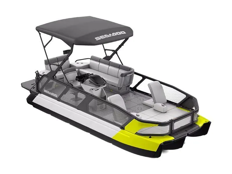 Slide: The Image of 2024 Sea-Doo Switch Sport 21 pontoon boat with canopy and seating. - 0