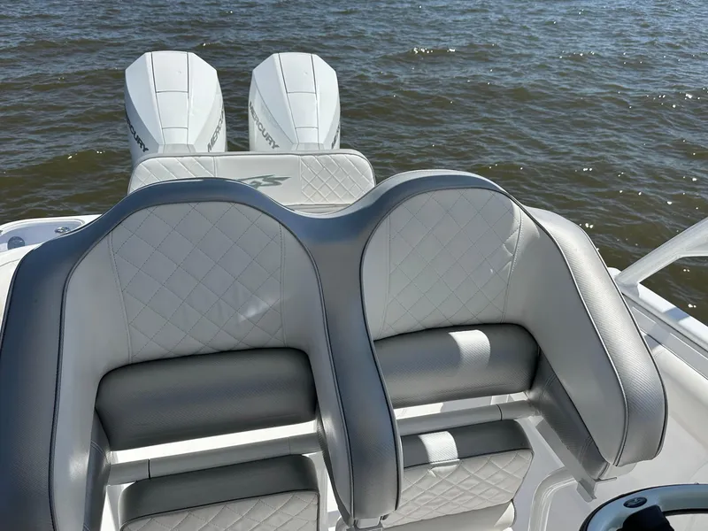 Slide: The Image of 2020 Glasstream 280 SCX boat with dual Mercury engines on water. - 10