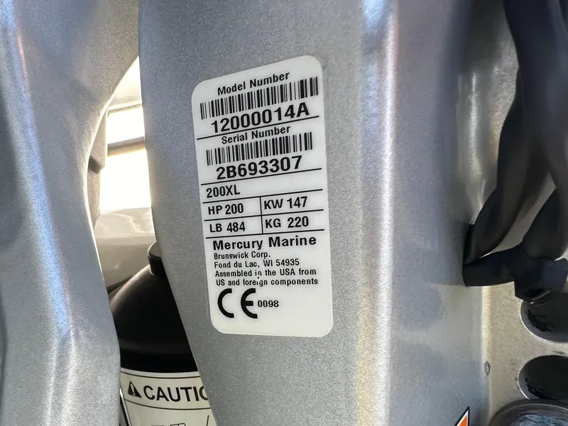 Slide: The Image of Mercury Marine engine label on a 2020 Glasstream 280 SCX boat, model 200XL, 200 HP. - 39