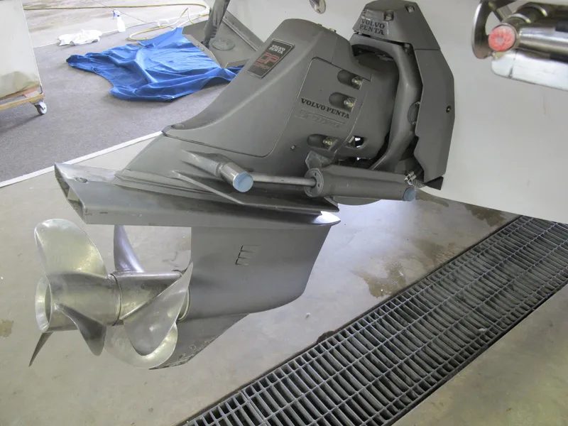 Slide: The Image of Close-up of a 2003 Chris-Craft Launch 28 boat's Volvo Penta outdrive. - 10