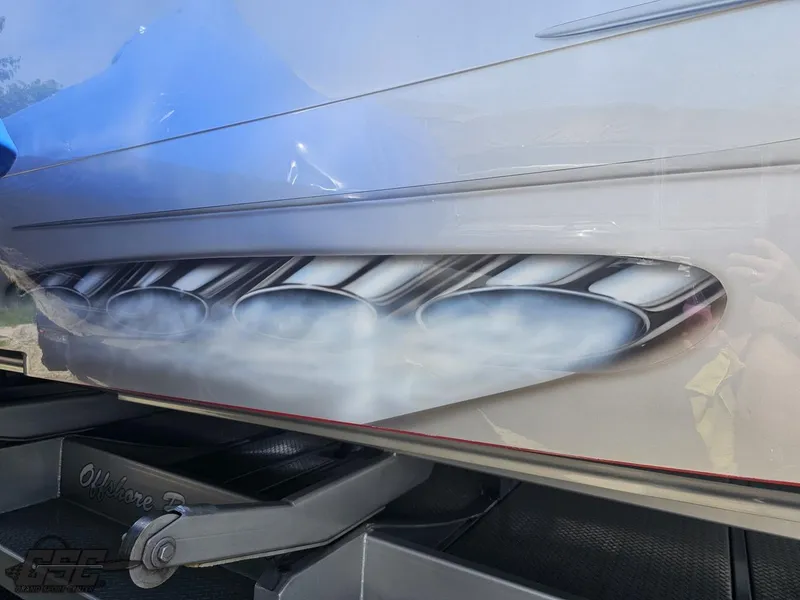 Slide: The Image of Close-up of 2007 MTI 44 AMG TRIBUTE boat with custom exhaust design. - 10