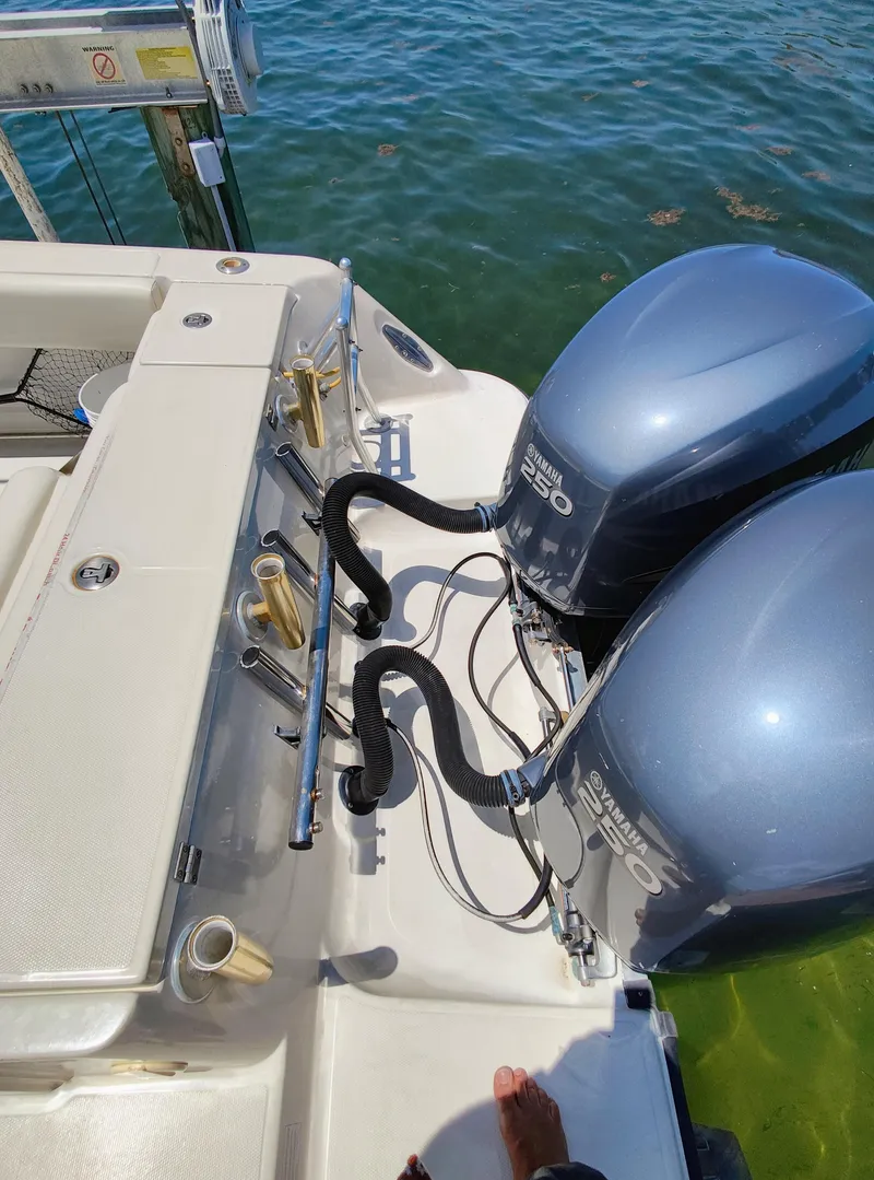 Slide: The Image of 2008 Hydra-Sports Vector 2900 CC with twin outboard engines docked. - 13