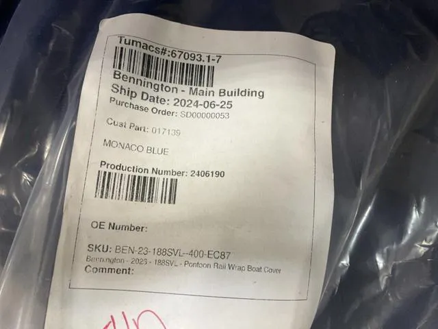 Slide: The Image of Bennington 188 SVL 2025 boat cover label, Monaco Blue, ship date 2024-06-25. - 20