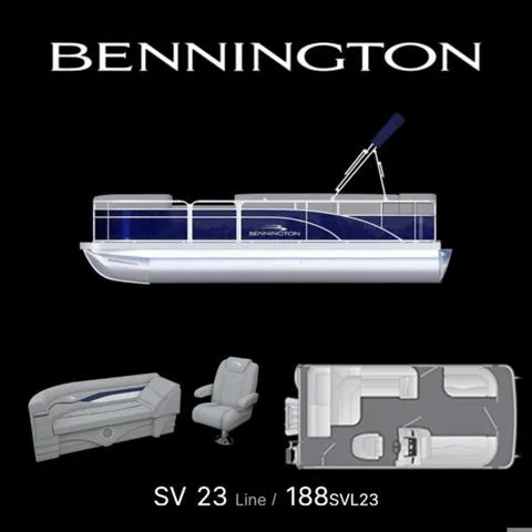 Slide: The Image of 2025 Bennington 188 SVL pontoon boat with seating layout and side view. - 6