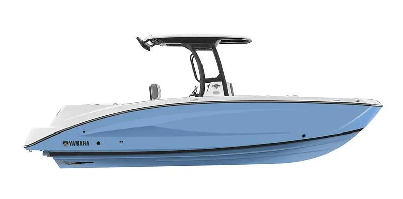 Slide: The Image of 2024 Yamaha Boats 255 FSH Sport H in light blue, side view. - 29